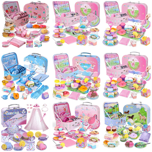 Tea Party Set for Little Girls,PRE-WORLD Princess Tea Time Toy Including Dessert,Cookies,Doughnut,Teapot Tray Cake, Tablecloth & Carrying Case,Kids Kitchen Pretend Play for Girls Boys Age 3+