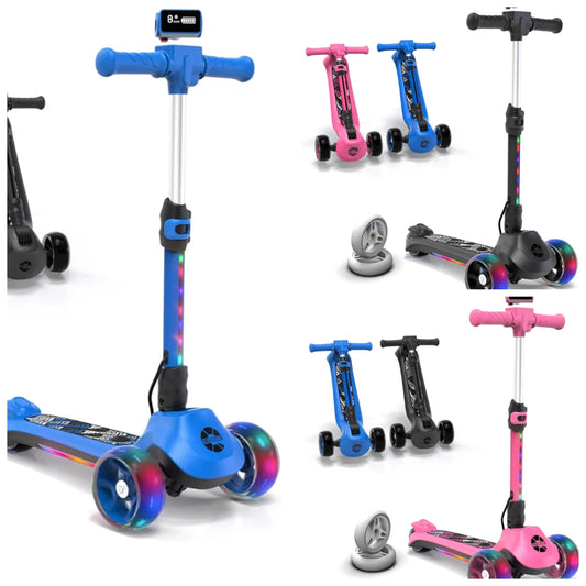 Balance Electric Scooter for Kids Age 4-9, 2 Types Front Wheels, Electric Horn, Full Body Lights Up, Wide Deck, 5Mph Safe Speed, 70min Riding, Foldable Kick Scooter Boys & Girl