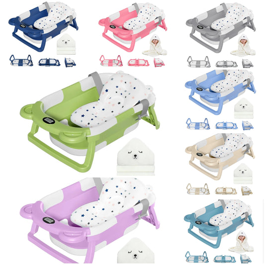 Collapsible Baby Bathtub for Newborn with Thermometer & 1 Hooded Towel & 1 Soft Floating Cushion,Portable Travel Bathtub with Drain Hole, Durable Foldable Baby Tubs for Infants to Toddler