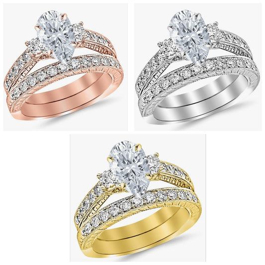 3 Ctw 14K White Gold Three Stone Vintage With Milgrain & Filigree Bridal Set with Wedding Band & GIA Certified Pear Cut Diamond Engagement Ring (2 Ct Center D-E Color SI1-SI2 Clarity)