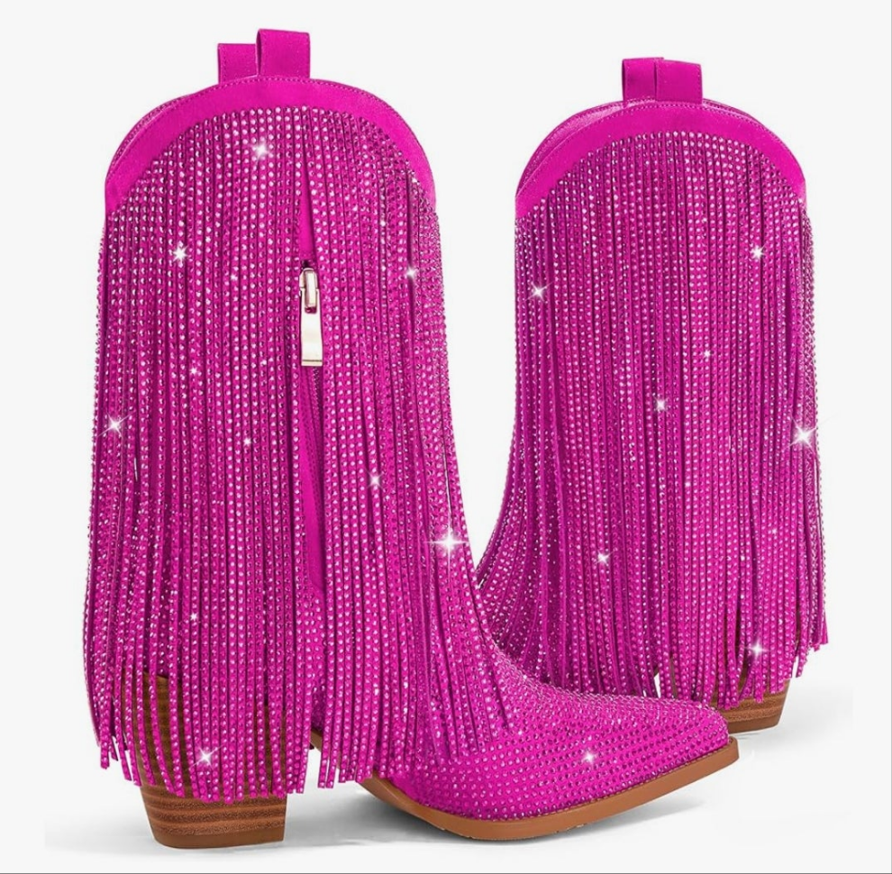 Cowgirl Boots Rhinestone with Sparkly Fringe Pointed Toe Western Boot Chunky Heel Pull-On Wide Calf