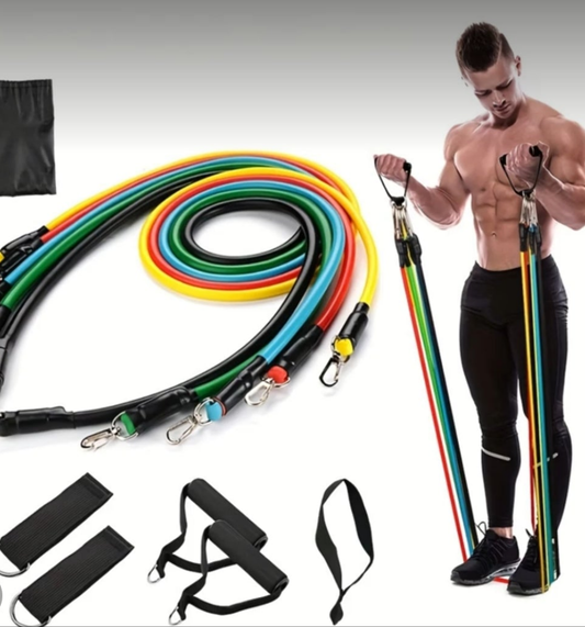 11 piece resistance bands set with door anchor handles ankle straps carry bag.