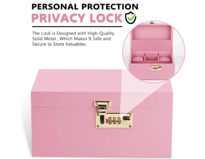 Large Bamboo Box with Combination Lock Decorative box for Home Great Gift Choice Storage Lockbox with Storage Jar, Tray, Resealable Bags and More