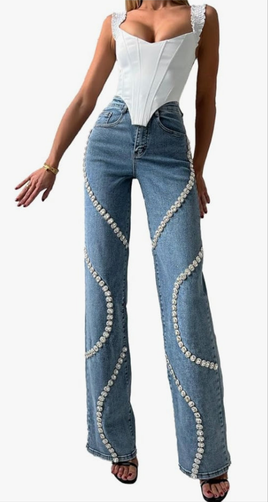 High waist Jeans Rhinestone Trim Bling Baggy Denim Pants Straight Wide Leg Trousers Streetwear