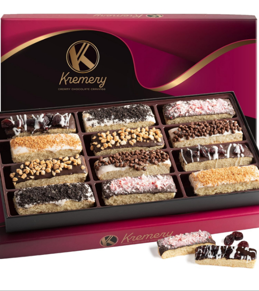 KREMERY Creamy Chocolate Cravings - Holiday Christmas Chocolate Covered Biscotti Cookies Gift Basket (12 Count) Xmas Kwanzaa Birthday Sweet Treats - Assorted Candy Toppings - Kosher Parve Corporate