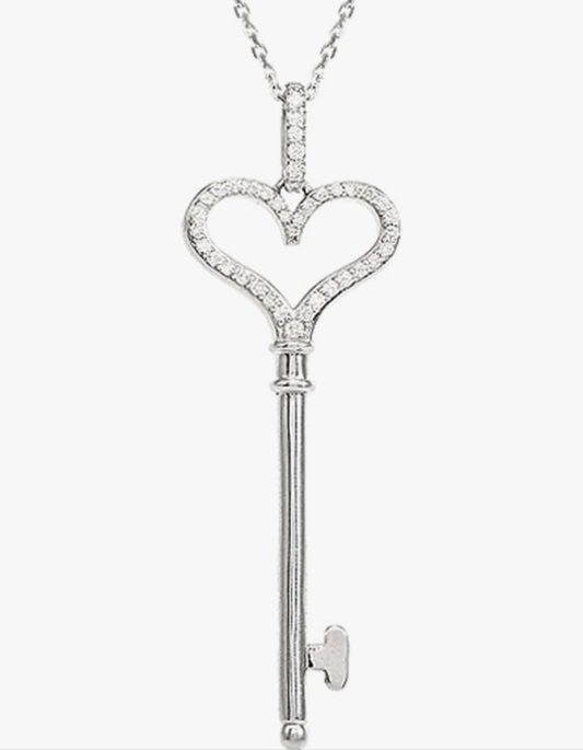 Diamond Heart Key Necklace in Sterling Silver