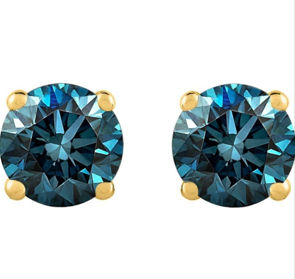 Blue - I1 Round Brilliant Cut Diamond Earring Studs in 14K Gold COCOMONEY