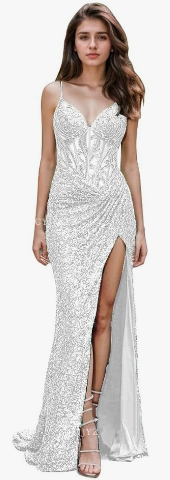 Spaghetti Strap Sequin Wedding Dress with Slit Sparkly Lace Appliques Mermaid Formal Evening Gown for Women