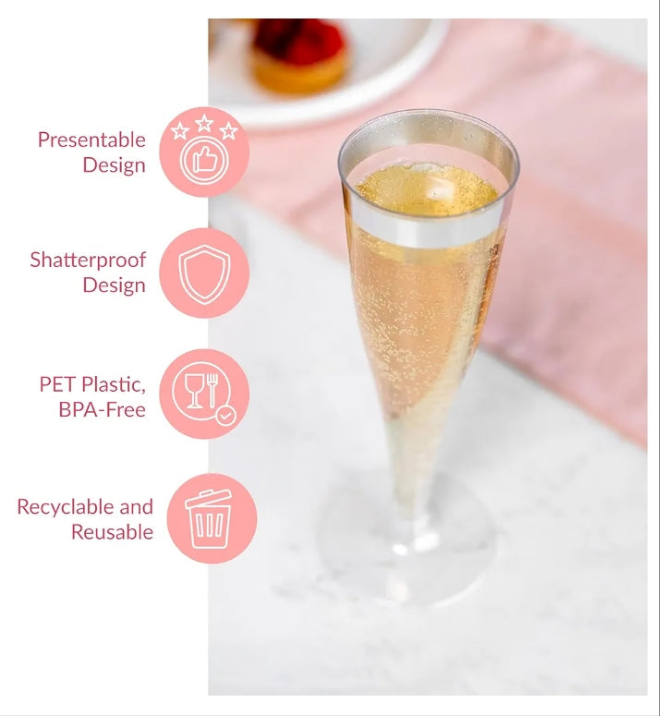 24 Plastic Champagne Flutes Disposable - Silver Glitter Plastic Champagne Glasses, Elegant Plastic Toasting Cups for Weddings, Cocktail Parties, New Year's Celebrations