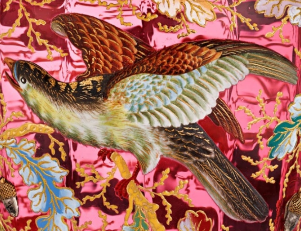 Fabulous Moser Ruby Glass and Enamel Bird Ewer