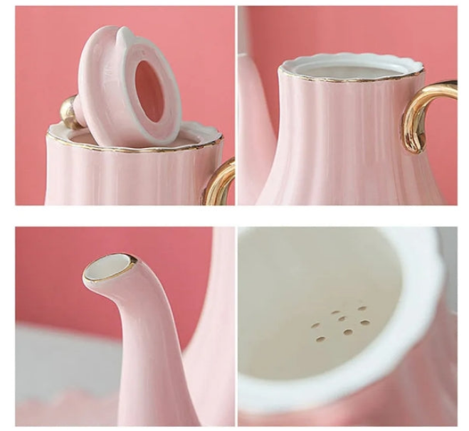 Ceramic Tea Sets, China Coffee Set ，Tea Set, 8 Pieces Porcelain Tea Sets White Ceramic Tea Service for Adults 1 Teapot Set of 6 Coffee Cups with Tray and Teaspoons (Pink) (Color :