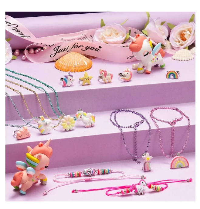 Little Girls Jewelry Sets, Kids Jewelry for Toddler Girl Costume Jewelry Ages Play Rings Unicorn Necklaces Bracelets for Toddlers, Childrens Gift set Year Old Girl