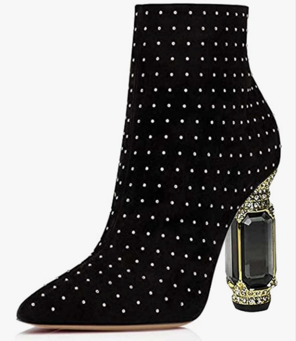 Pointed Toe Crystal Chunky Block High Heel Ankle Boots Glossy Side Zipper