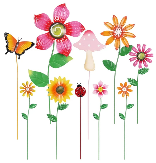 Set of 10 Metal Flowers Garden Stakes with Mushroom Butterfly Ladybug for Spring Decor, Yard Art Garden Decorations for Outdoor Lawn Porch Pathway (Multi-Color)