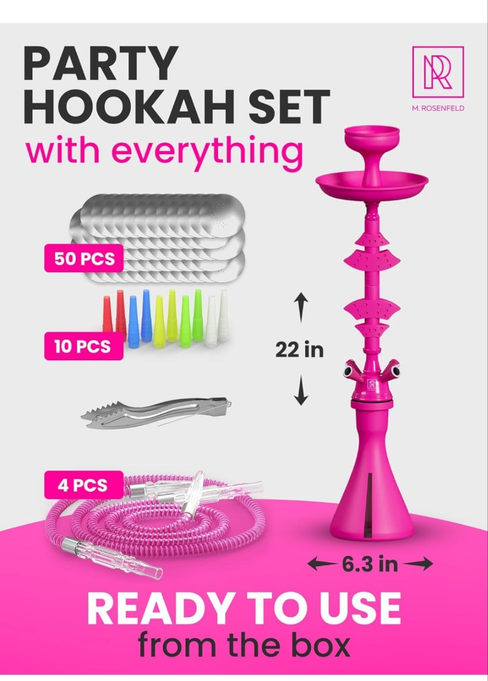4 Hose Hookah set with everything - Pink Hookah 4 Hose Set – Pink Mini Hookah Party Set - Hookah Set 4 Hose with 50x Foil Big Silicone Bowl 10x Tips 4x Mouthpiece 4x Hookah Hose Tongs - Hookah Kit