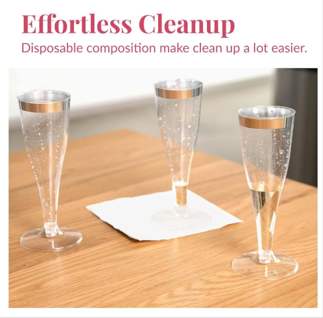 24 Plastic Champagne Flutes Disposable - Silver Glitter Plastic Champagne Glasses, Elegant Plastic Toasting Cups for Weddings, Cocktail Parties, New Year's Celebrations