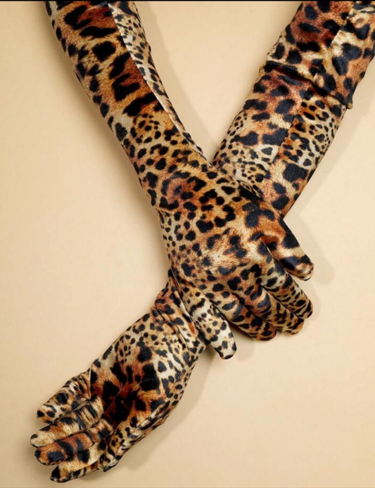 1 Pair Leopard Print Boho-Style Polyester Gloves, For Dates, Birthdays, Parties, Performances, And Vacations