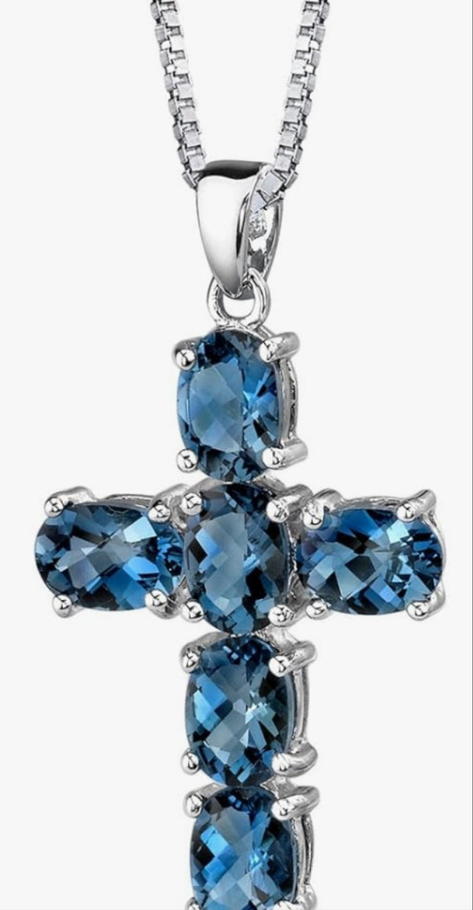 Genuine London Blue Topaz Cross Pendant Necklace for Women 925 Sterling Silver, December Birthstone, 6 Carats total Oval Shape, with 18 inch Chain, Blue Stone Necklace, Jewelry Gift
