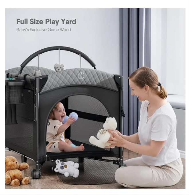 4 in 1 Baby Bassinet with Bedside Sleeper, Baby Crib, Playard, Changing Table, Comes with Toy Bar, Mattress, Mosquito Net, Bottom Storage - Obee Odee
