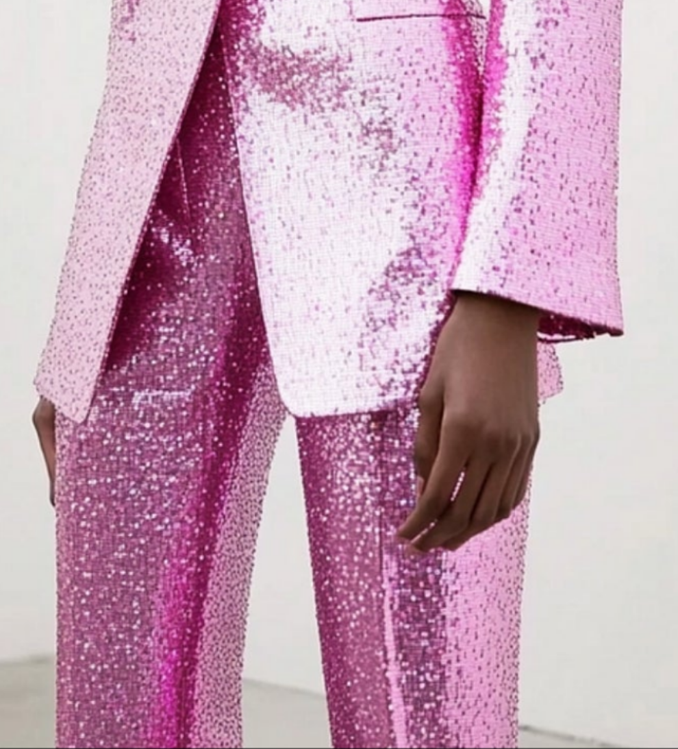 COCOMONEY Sequin Peaked Lapel Blazer Two Piece Pant Suit-Pink