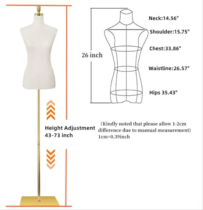 Dress Form Mannequin Torso, 43-73 Inch Height Adjustable Female Manikin Body Clothing Display with Metal Bracket and Rectangular Base for Sewing Dress Display,