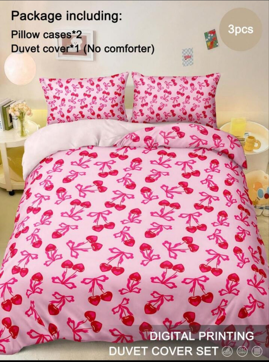 3pcs Cherry Fruit & Bow Print Bedding Set (1 Duvet Cover + 2 Pillowcases, No Filling), Pink Background, Romantic Wedding, Soft Polyester Fiber, Suitable For Bedroom, All Seasons