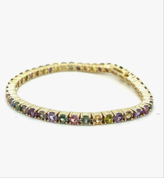 COCOMONEY 14k Gold Multicolor Sapphire Bracelet, 44 Round Stones, 13.68 Carats, 15.55 Grams