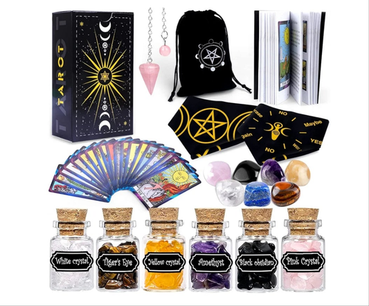 Tarot Cards with Guide Book 18 Pcs Include 1 Deck of 78 Cards 、6 Mini Crystal Jars，7 Chakra Stones,1 Spirit Pendulum，1 Cloth ，1Goddess of Earth Pendulum mat，1 Velvet Bag