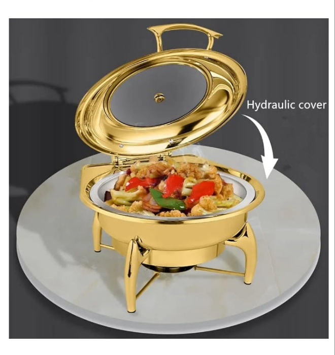 Gold plated Stainless Steel Chafing Dish, Gold-Plated Round Buffet Stove, Commercial Hotel Restaurant Heating Furnace, Hydraulic Transparent Cover Buffet Stove