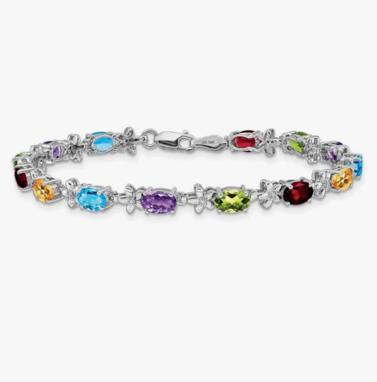 COCOMONEY 14k White Gold Rainbow Gemstone/Diamond Bracelet Fine Jewelry For Women Gifts For Her, 7"