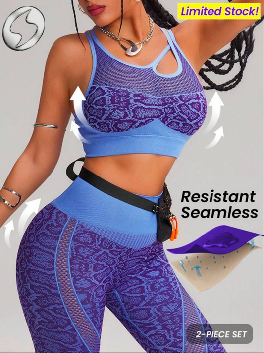 Activewear Seamless 2 Pieces Sport Set, Seamless High Elastic Push Up & Support Bra & Legging,Breathable Mesh & Dry Fit Gym Top And Bottom. Snake,Leopard Dynamic Print Workout Outfit, Outdoor,Hike,Camping,Yoga,Cycle,Bike,Running,Music COCOMONEY