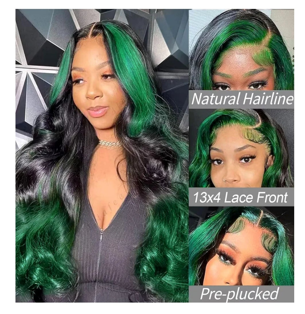 Green Ombre Lace Front Wig Human Hair Highlight Green Lace Front Wig Pre Plucked 13x4 Body Wave Lace Frontal Wig Black and Green Skunk Stripe Human Hair Wig Glueless Colored 18 Inch 150% Density