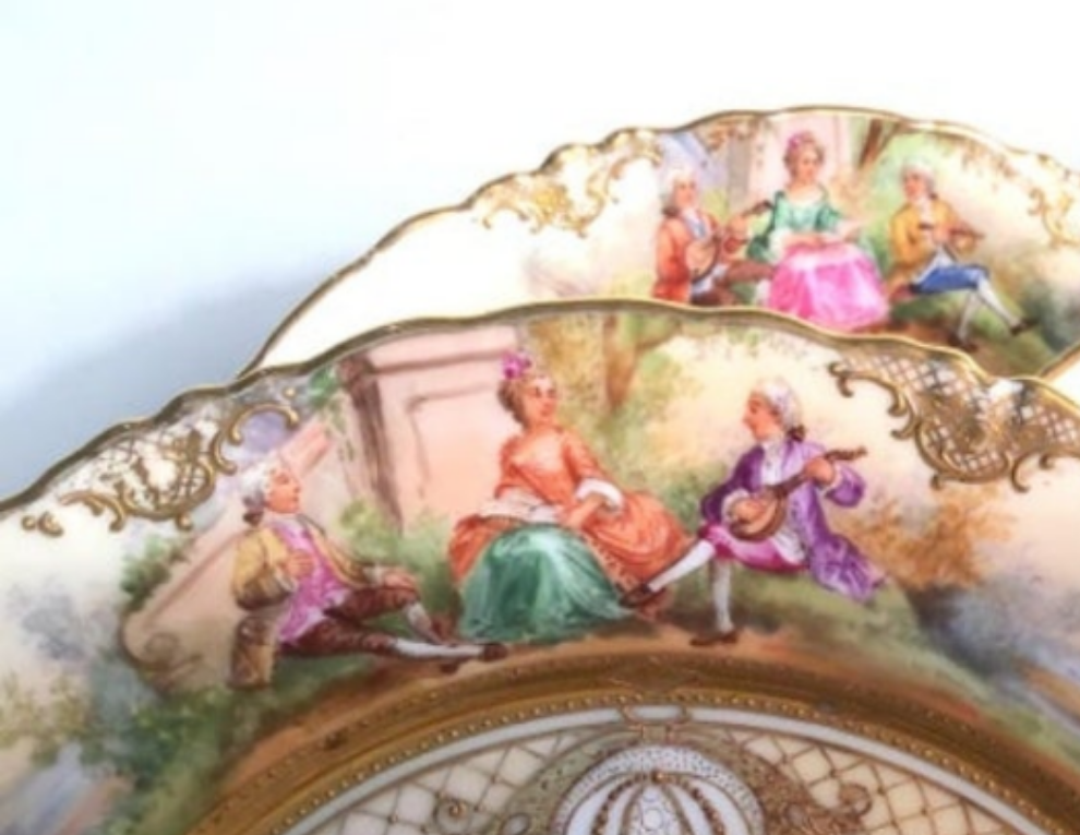 Dresden Ambrosius Lamm Footed Cups and Dessert Plates Set for 10 Hand Painted