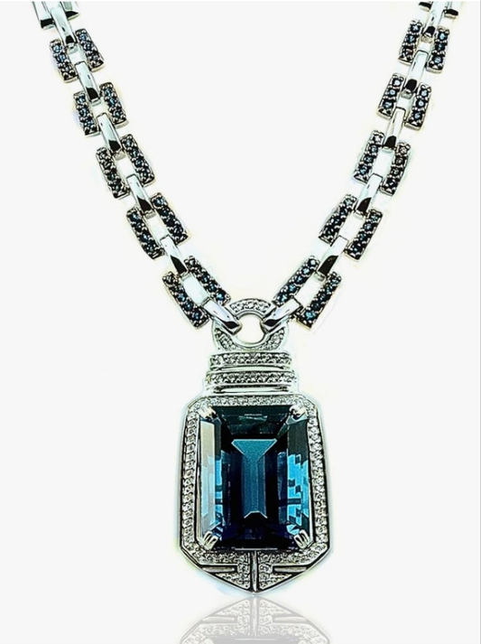 Sterling Silver 925 STATEMENT Pendant Necklace GENUINE GEMSTONE 24 mm with RHODIUM-PLATED Finish (london-blue-topaz)