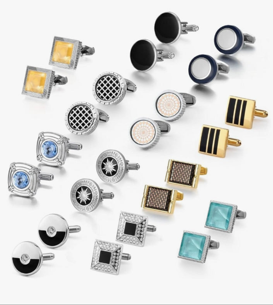 12 Pairs, Classic Fashion Men's Cuff Links Silver-Tone Gold-Tone Black for Business Wedding Party Gift Box