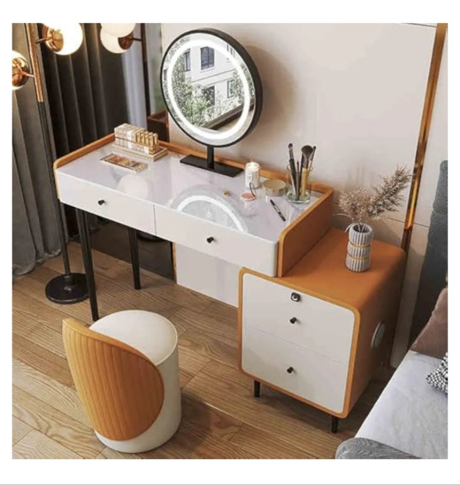 Modern Vanity Table with Smart LED Mirror Spacious Storage Soft Makeup Stool Large Drawers All Wood Frame Dressing Table for Bedroom and Small Spaces (Gray 31.5IN) ( D_47.2IN)