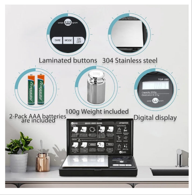 200g Digital Pocket Gram Scale 0.01g Accuracy, 200g x 0.01g Mini Digital Grams Scale, Small Food Scale, Jewelry Scale, Ounces Grains Scale With100g Calibration Weight
