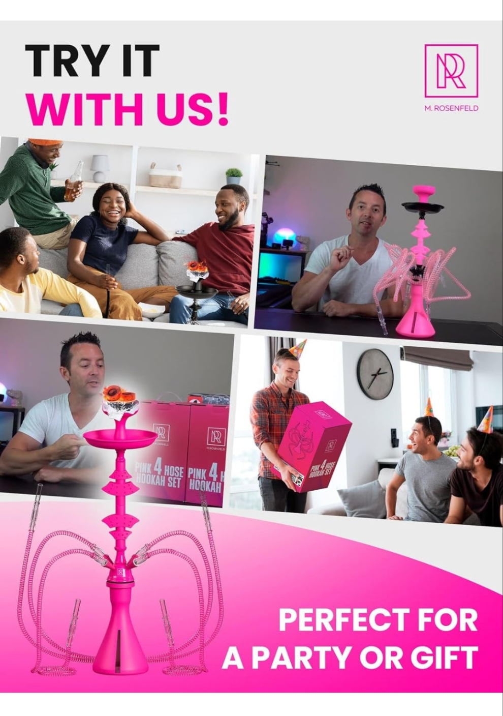 4 Hose Hookah set with everything - Pink Hookah 4 Hose Set – Pink Mini Hookah Party Set - Hookah Set 4 Hose with 50x Foil Big Silicone Bowl 10x Tips 4x Mouthpiece 4x Hookah Hose Tongs - Hookah Kit