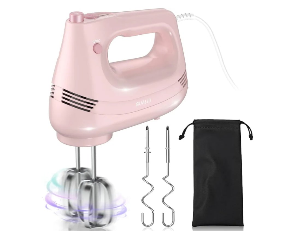 Electric Hand Mixer with Stainless Steel Whisk, Dough Hook Attachment and Storage Bag, Handheld Mixer for Baking Cakes, Eggs, Cream Food Mixers. Turbo Boost /5 Speed Kitchen Blender