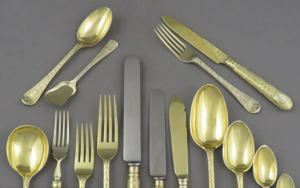 Elizabethan Pattern Silver Gilt Flatware Service for 18