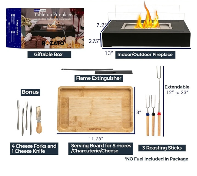 Tabletop Fire Pit with Smores Maker Kit Portable Indoor/Outdoor Mini Small Fireplace Table Top Decor Home Patio Gifts for Women Mom Her Wedding Housewarming Christmas Birthday White Elephant Gift