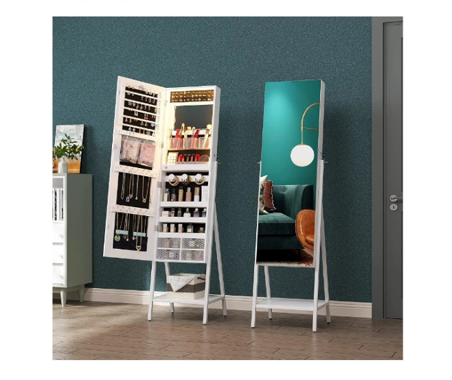 LED Mirror Jewelry Cabinet Standing, Lockable Jewelry Armoire Organizer Full Length Mirror with Storage, Adjustable Lights Jewelry