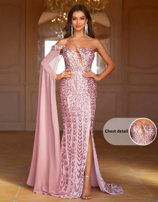 Women's Evening Dress With Asymmetric Neckline, Draping Design And Fish Tail HemSequined Strapless Tuxedo