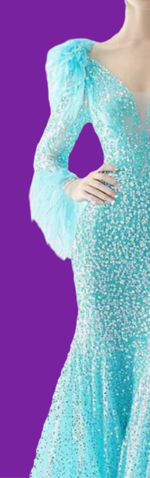 Rhinestone Feather Long Sleeve Fishtail Maxi Dress-Blue [Custom-Made] COCOMONEY