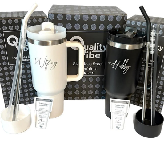 Wifey & Hubby Wedding Gift 40 oz Engraved Tumbler Set Of 2 For couples With Straw & Brush. Christmas or Engagement Gift Set For Bride & Groom.