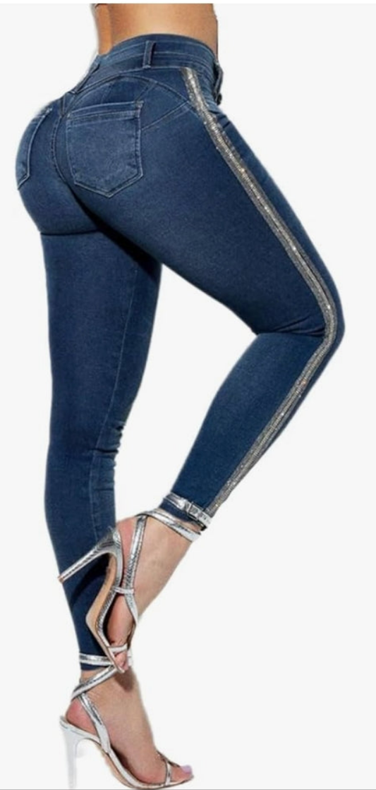Sequin & Rhinestone Decor Dual Button Skinny Jeans High Waist Casual Pants