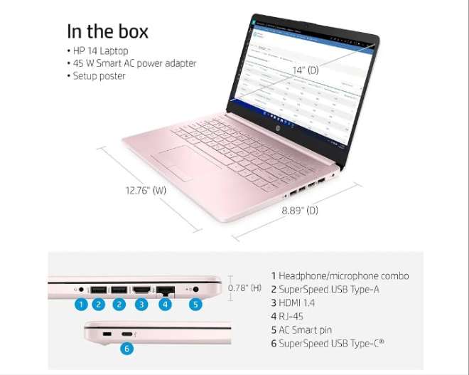 HP Portable Laptop, Student and Business, 14" HD Display, Intel Quad-Core N4120, 16GB DDR4 RAM, 64GB eMMC, 1 Year Office 365, Webcam, SD Card Reader, HDMI, Wi-Fi, Windows 11 Home, White, KKE Mousepad