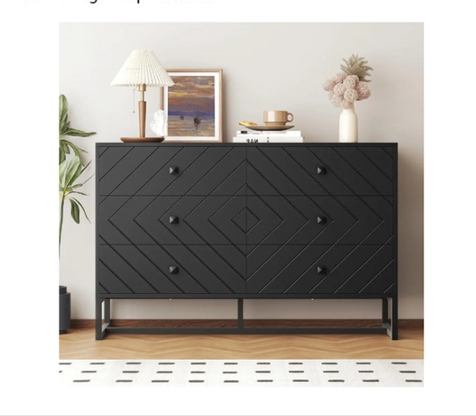 Black Dresser for Bedroom with 6 Drawers, Wood Dresser with Metal Handles, Wide Chest of Drawers, 6 Drawer Dresser for Living Room, Entryway, Hallway