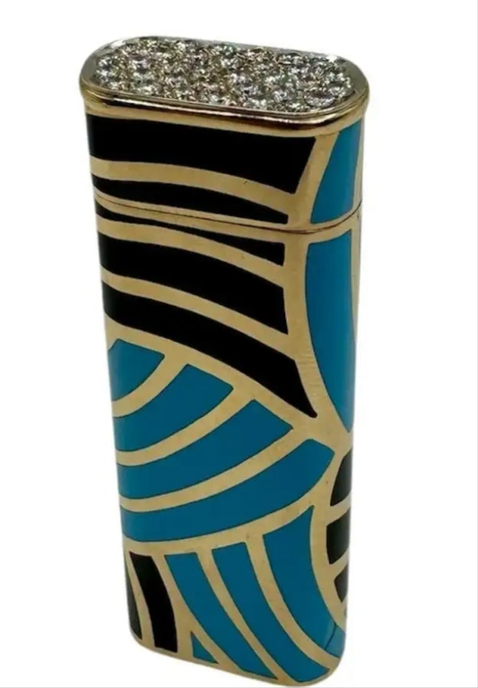 18k Gold Cartier Gold and Enamel Lighter with paved diamond cap