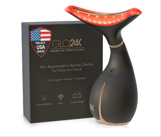 GLO24K Red Light Beauty Device for Face and Neck. Based on Triple Action L E D, Thermal, and Vibration Technologies